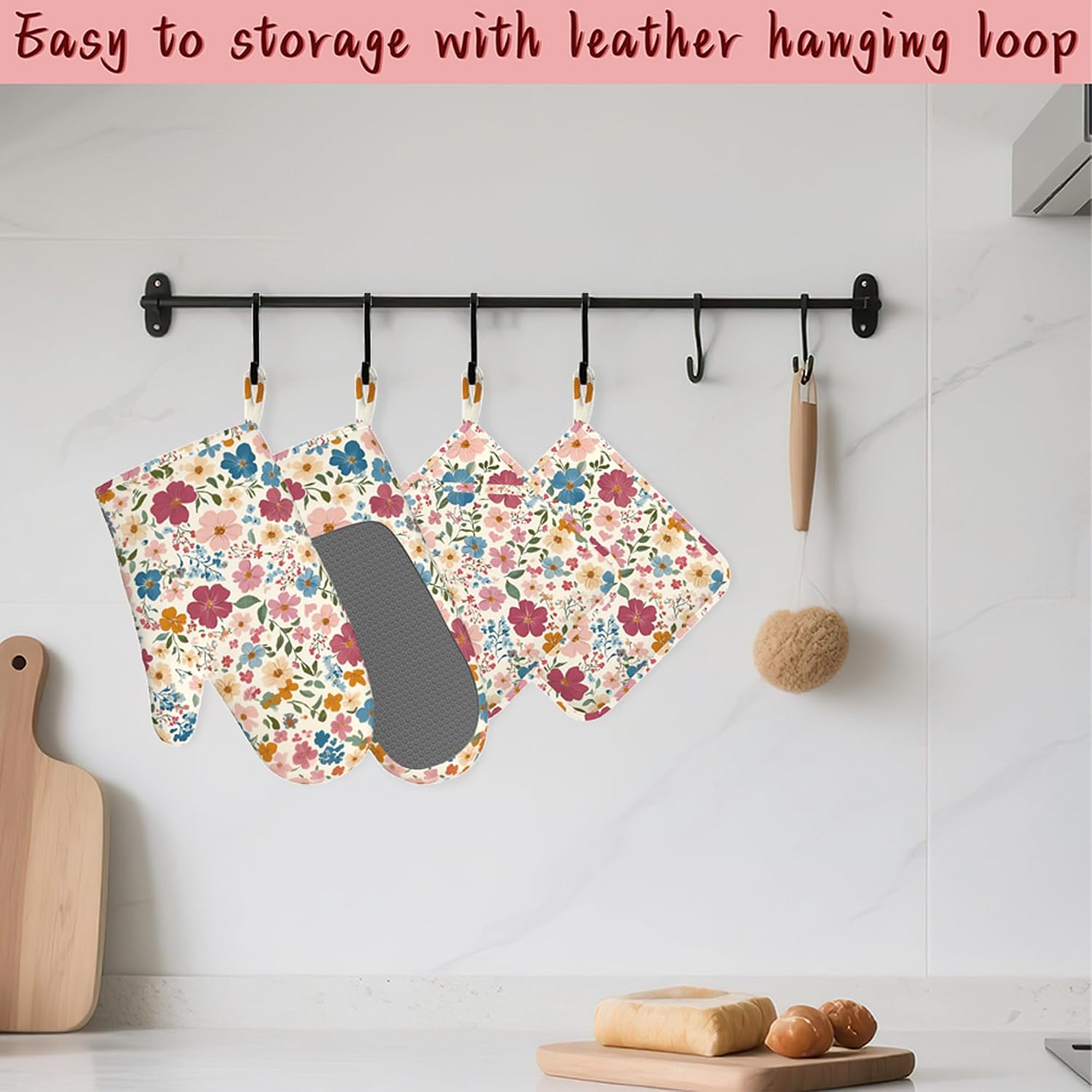 Wildflowers Floral Meadow Oven Mitts and Pot Holders (4PCS),Heat Resistant Non-Slip Silicone Kitchen Gloves for Cooking, Baking, BBQ Waterproof Kitchen Accessories