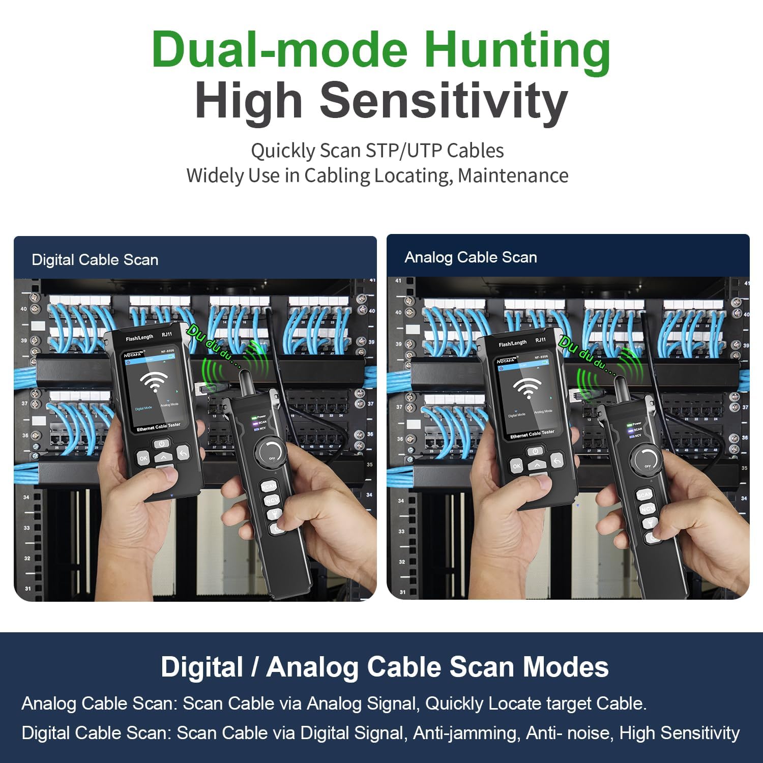 Two images side-by-side showing a user performing cable scanning with the NF-8506 in both Digital Cable Scan and Analog Cable Scan modes within a server rack.