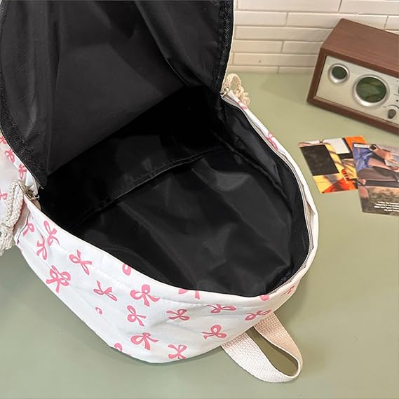 Pink School Backpacks,Back To School Backpack,Bow Backpack For Girls, Coquette Aesthetic Nylon Rucksack Cute Kawaii Back Pack With Bow Pattern