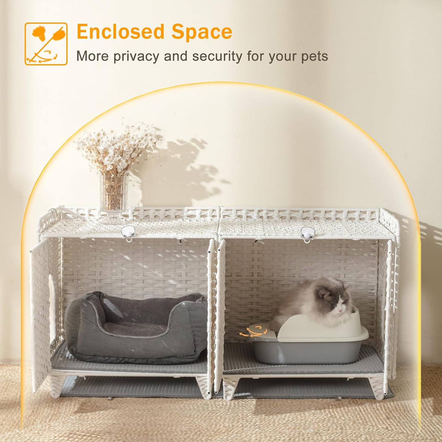 Cat Litter Box Enclosure for 2 Cats, Large Litter Box Furniture with Cat Litter Mat, Hidden Washroom Furniture with Double Room, Handwoven Rattan Cat House with Door, for living room（White）