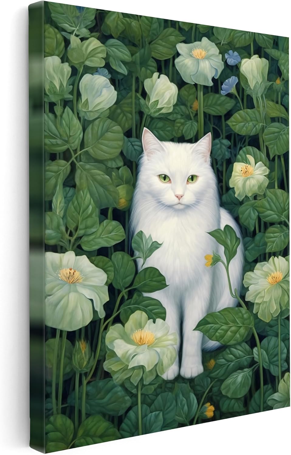 Poster Master White Cat Canvas - Flower Print - Modern Botanical Art - Trendy Gift for Men, Women & Animal Lover - Wall Decor for Living Room or Kid's Room - 8x10 STRETCHED Canvas