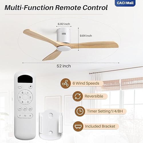 Miniatura 7 de CACI Mall Ventilador de techo de madera maciza de 52 pulgadas sin luz, montaje empotrado, 3 cuchillas, perfil bajo, moderno, ventiladores de techo