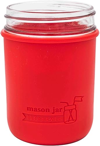 Miniatura 5 de Mason Jar Lifestyle - Pinta de boca ancha de silicona de 16 onzas, fundas para proteger la pelota, Kerr y tarros de conservas (rojo cereza, paquete