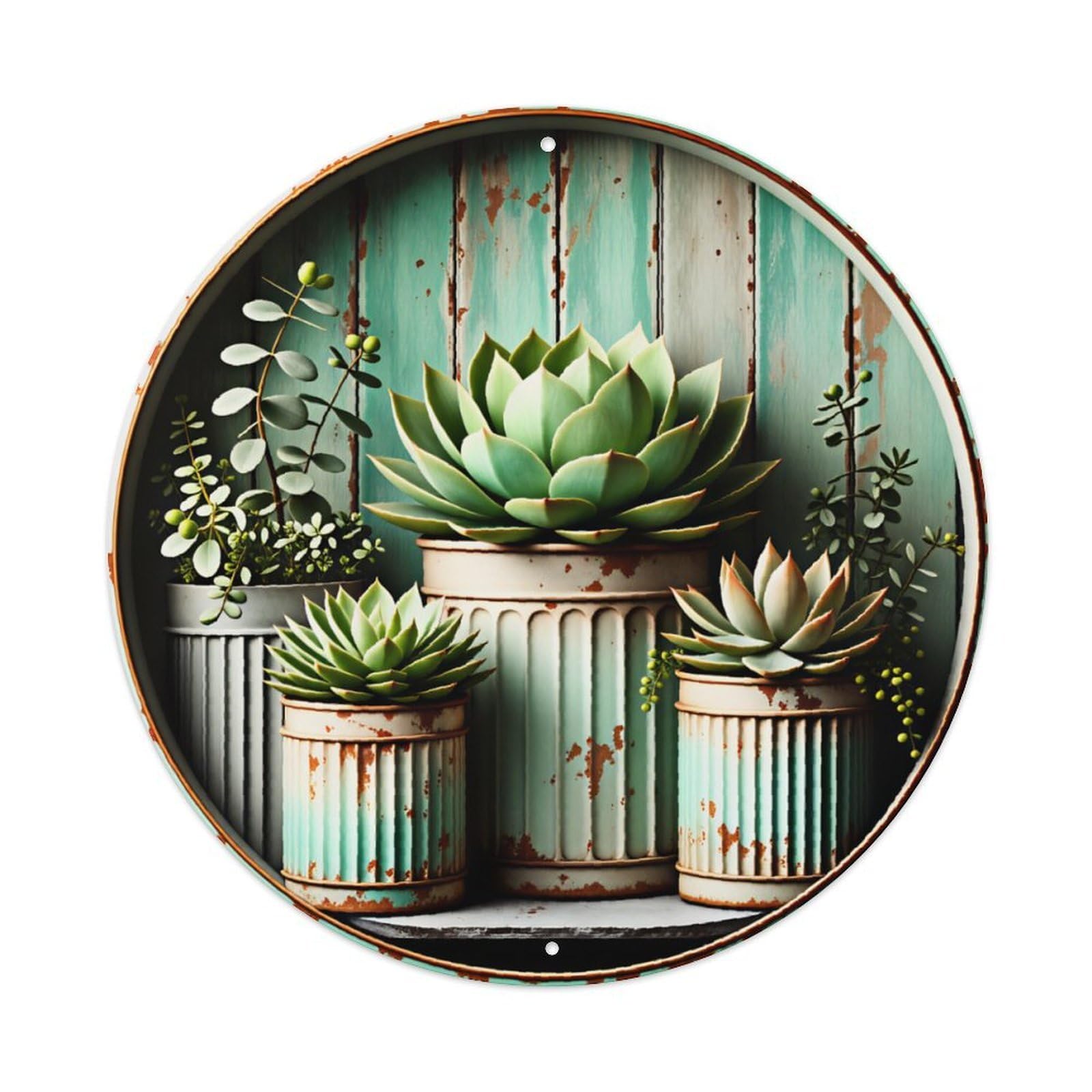 Distressed Mint Wood Plank Succulent Eucalyptus Potted Round Metal Sign Vintage Aluminium Metal Sign, Retro Wall Decor for Home, Bar, Garage & Farmhouse 20x20cm