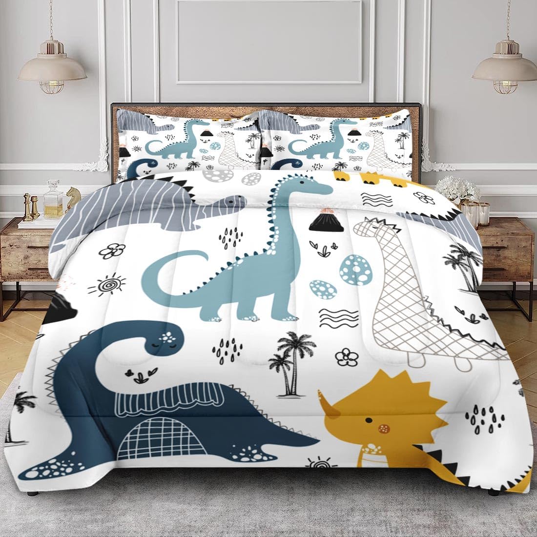 Dinosaur Cute Kids Comforter Set Twin Size, Dino Dragon Blue Yellow Soft Bedding Set with Pillowcases for Girls Teens Kids Boys Adults Bedroom Bed Decor,1 Quilt 1 Pillow Case