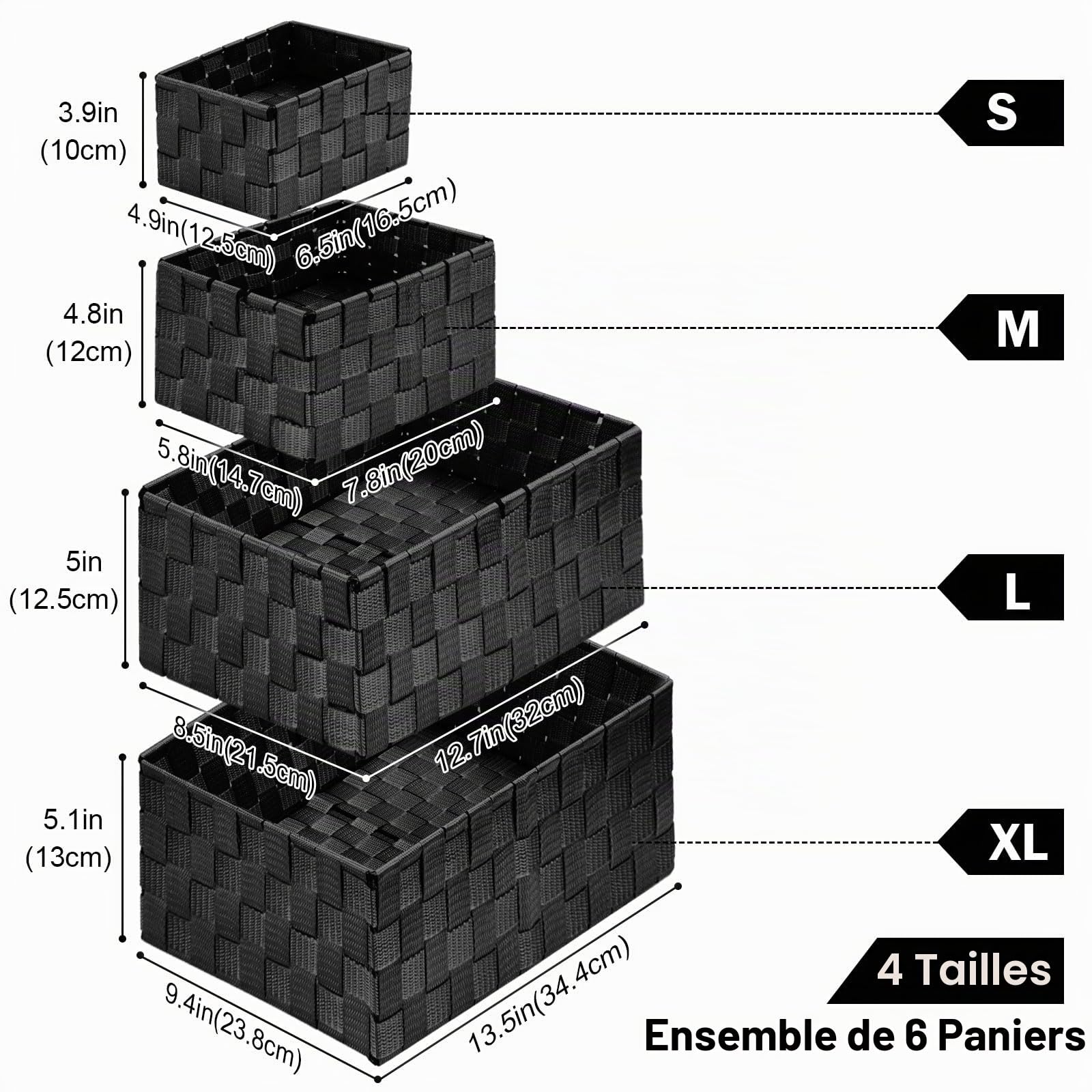 Panier Rangement 34,4cm, Lot de 6 Paniers et Boîtes de Rangement, Panier de Rangement pour Rangement Organisateur de Salle de Bains/Chambre/Cuisine/Étagères/Cosmétiques/Papier Toilette (Noir)