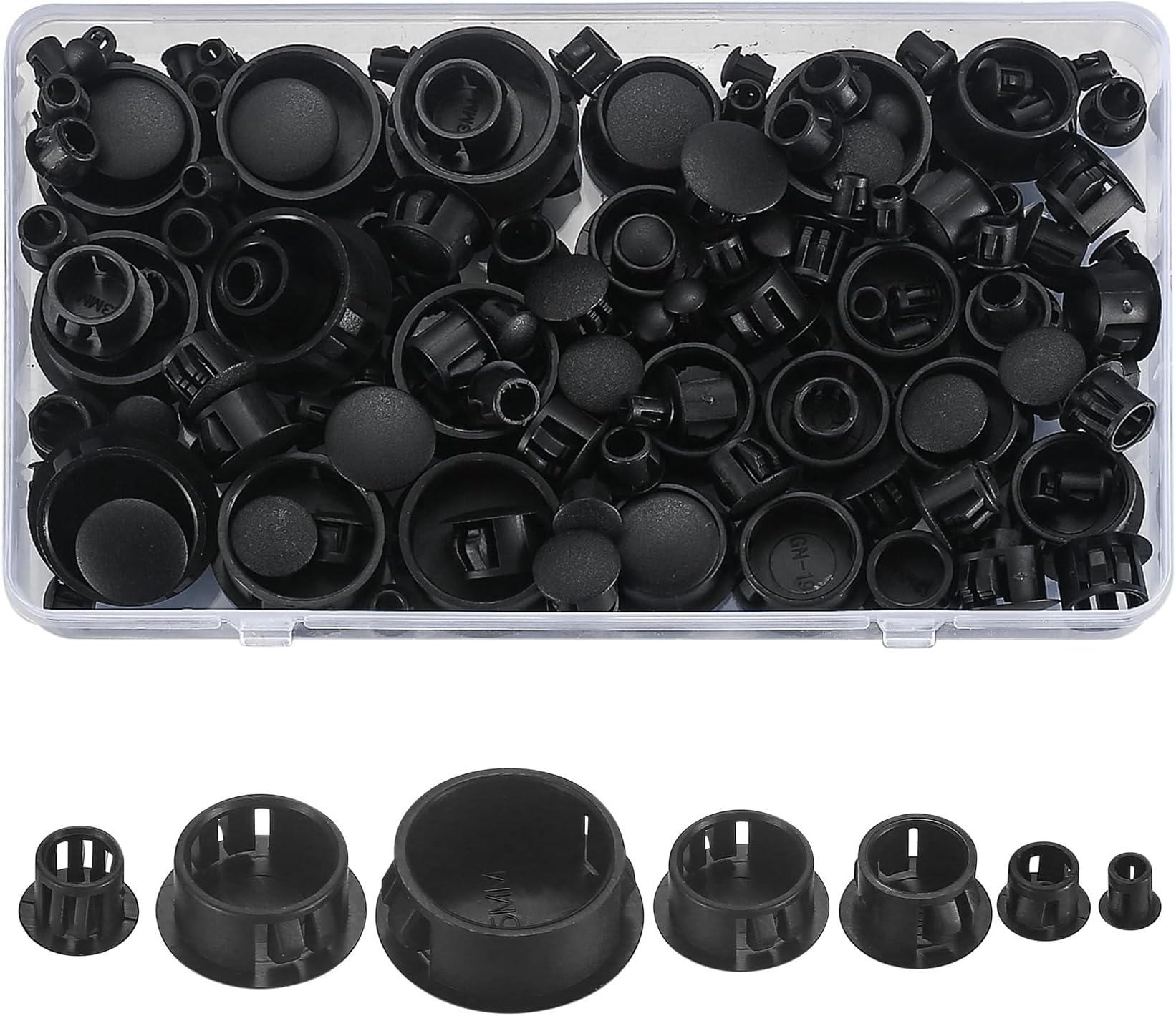 Ruglamzhip Plastic Hole Plugs, 180Pcs Black Panel Knockout Locking Round Drill Screw Plugs Covers For Kitchen Cabinet Furniture Insert End Caps, 1" 3/4" 1/2" 3/8" 5/16" 1/4" 1/5"