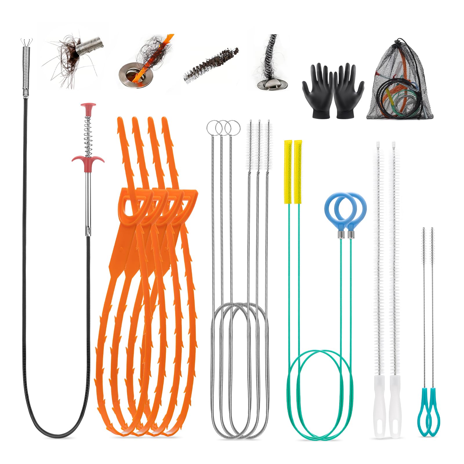 61'' Drain Clog Remover w/Claw, Plastic Drain Snake, Snake Drain Cleaner Tool w/Nylon Layer, Plumbing Snake Brush, Gloves, 15Pack Drain Hair Remover Tool Set for Toilet, Kitchen, Bathtub