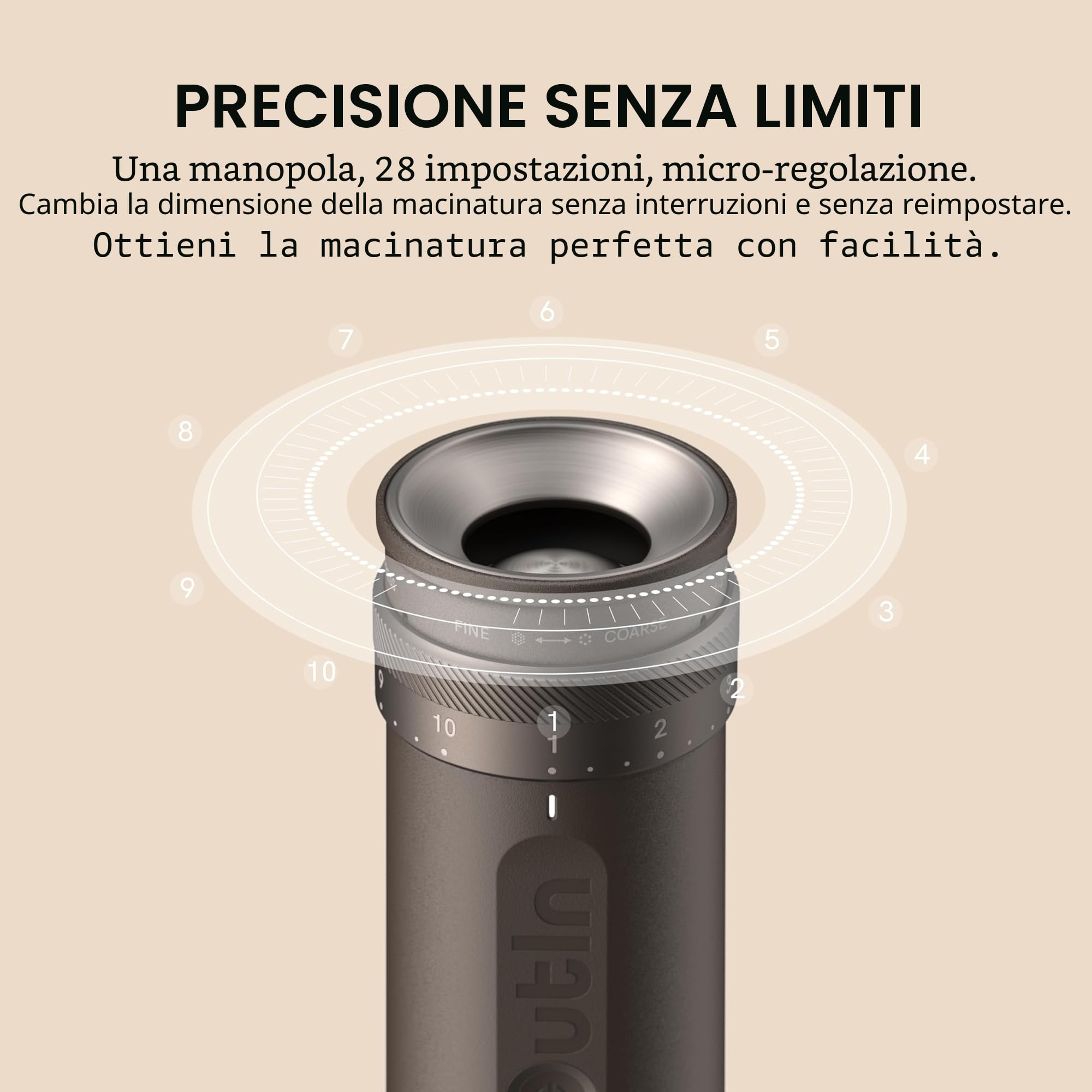 OutIn Fino Macina caffè elettrico portatile, macinacaffè a chicchi regolabili con 28 impostazioni di macinatura precisa, macinacaffè compatto con ricarica rapida, per viaggi, campeggio