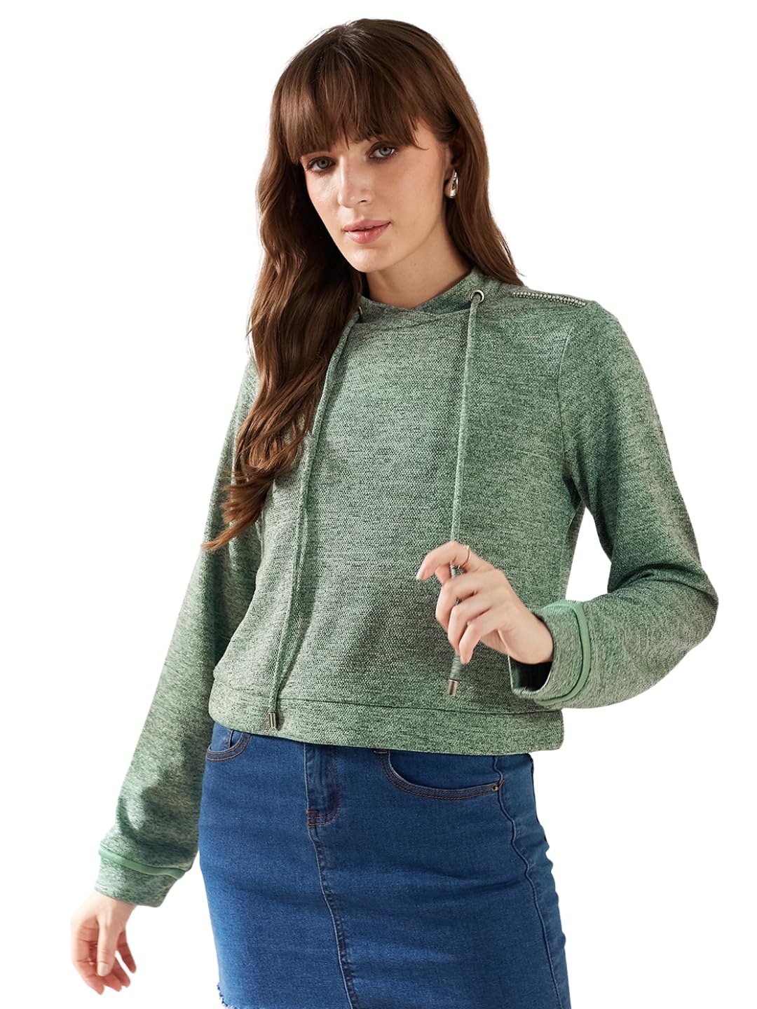latin quarters Women's Green Full Sleeves Stand Collar Self Design Casual Crop Sweatshirt-picture-51