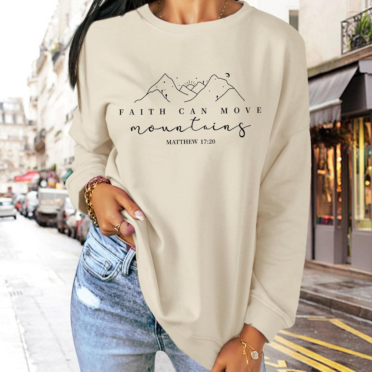 Christian Sweatshirts for Women Faith Can Move Mountains Sweatshirt Bible Verse Religious Long Sleeve Crewneck Tops - Image 2