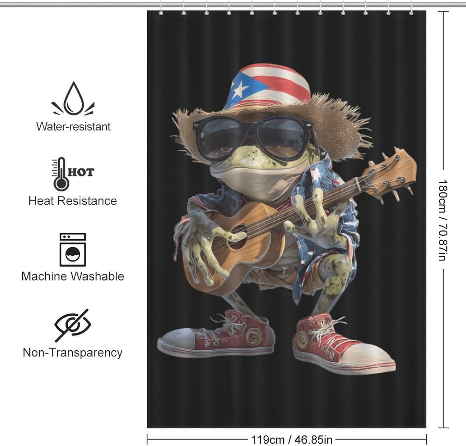 Puerto Flag Frog Guitar Shower Curtain 46.85x70.87Inch（119x180cm） Polyester Bath Curtain Shower Curtains Printed Decorative