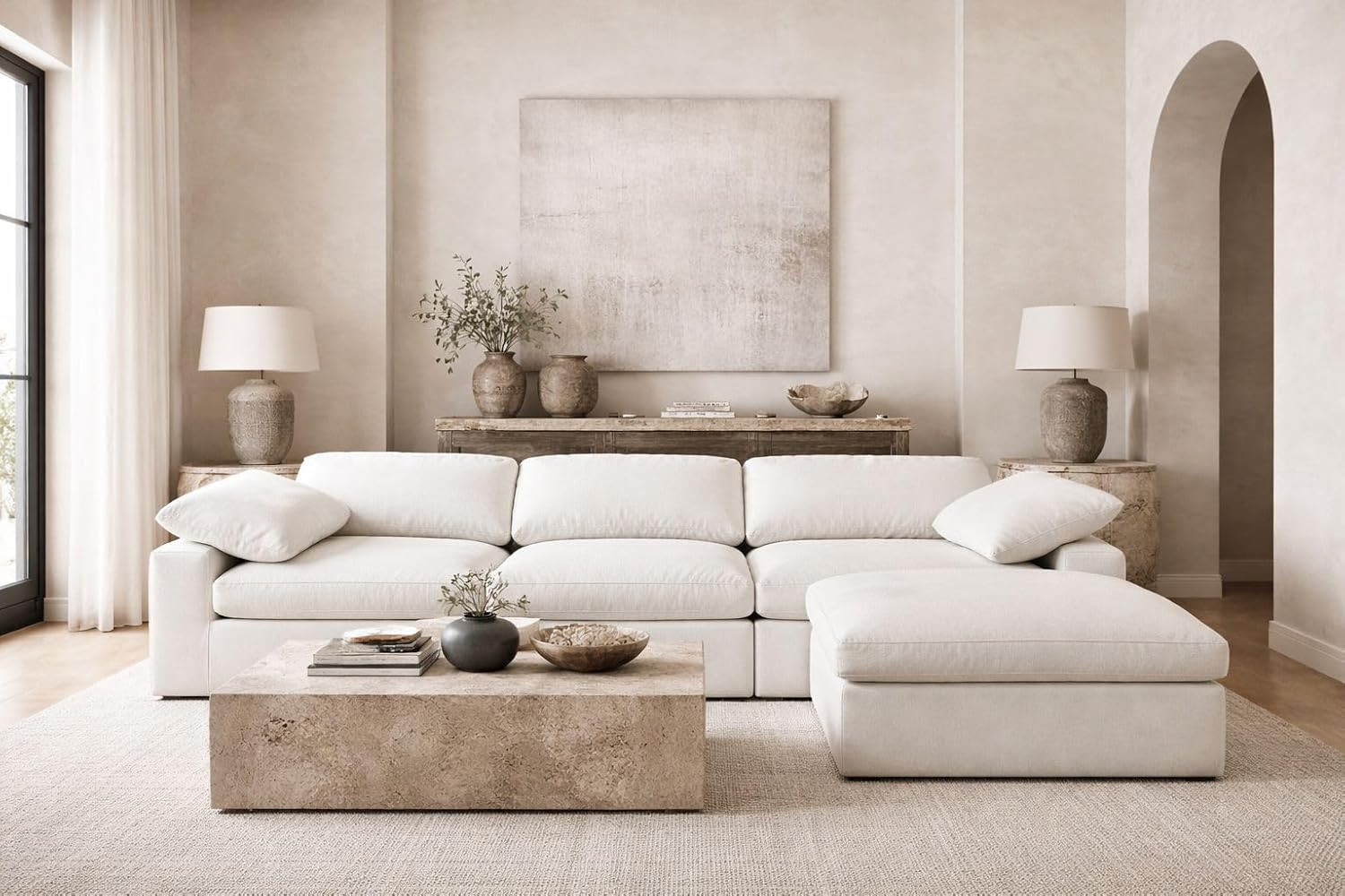 Couch- Indoor and Outdoor - Washable Waterproof Sofa- Sold Seperately Ottoman Modular Sectional Upholstered - Beige White Linen (White Chenille, Left Arm)