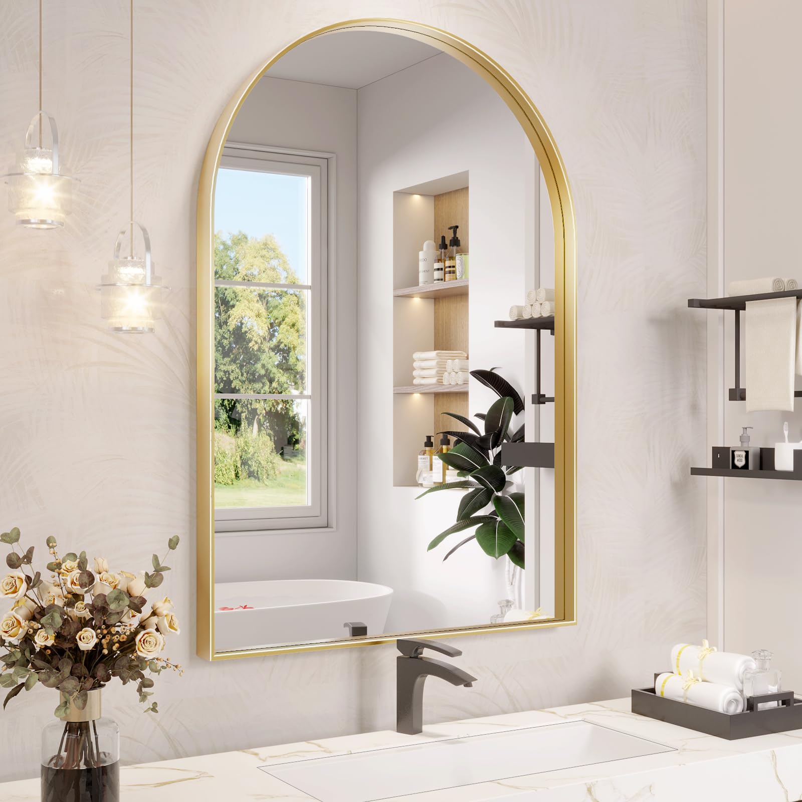 Arch Mirror, 22 x 30 Inch Gold Arch Mirror for Bathroom, Arched Wall Mirror, Aluminum Alloy Frame Gold Bathroom Vanity Mirror for Living Room Bedroom Entryway Mantel Hallways Decor