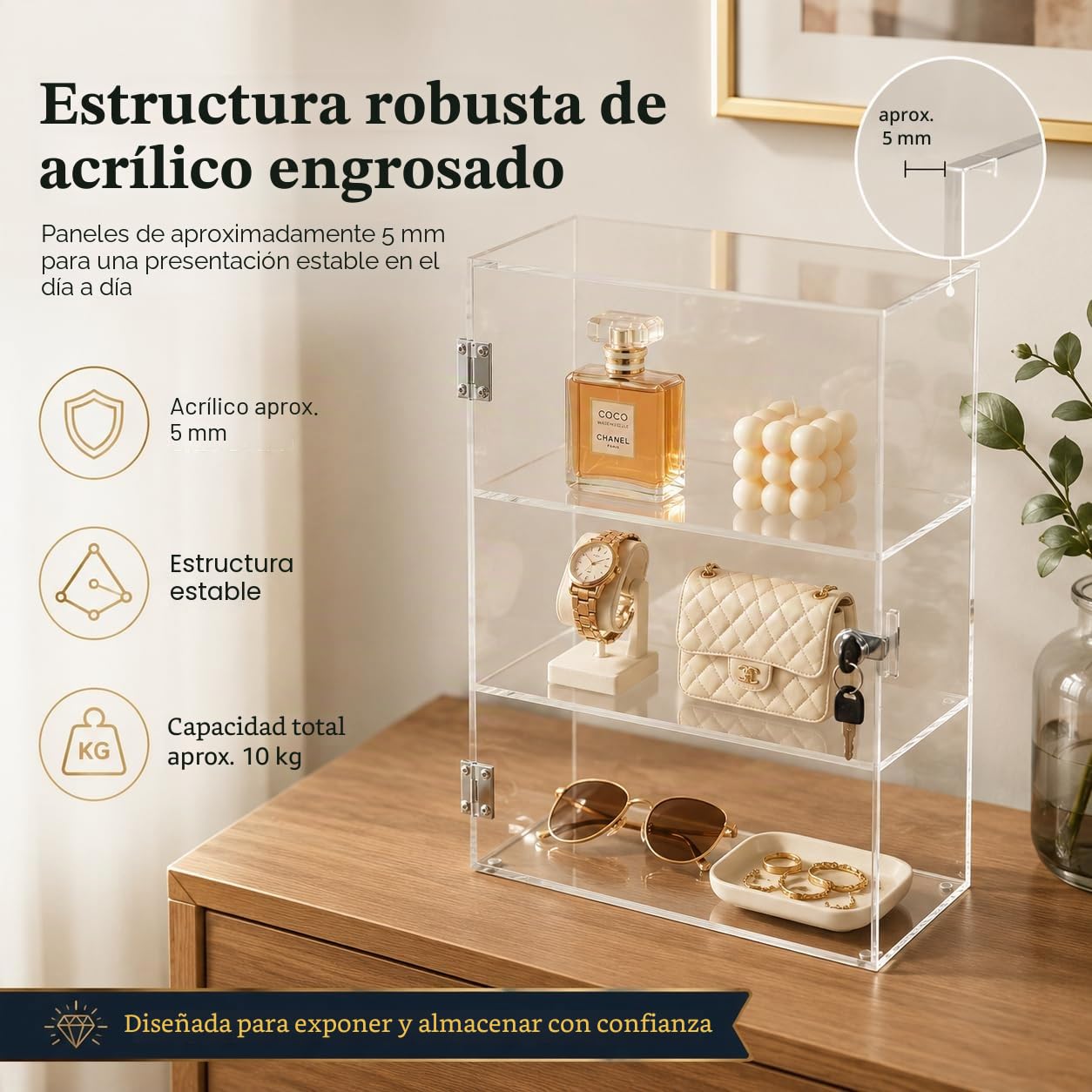 Vetrina con cierre de acrílico transparente de 3 niveles, con cerradura, expositor para casa, oficina, tienda, exposición, objetos de colección