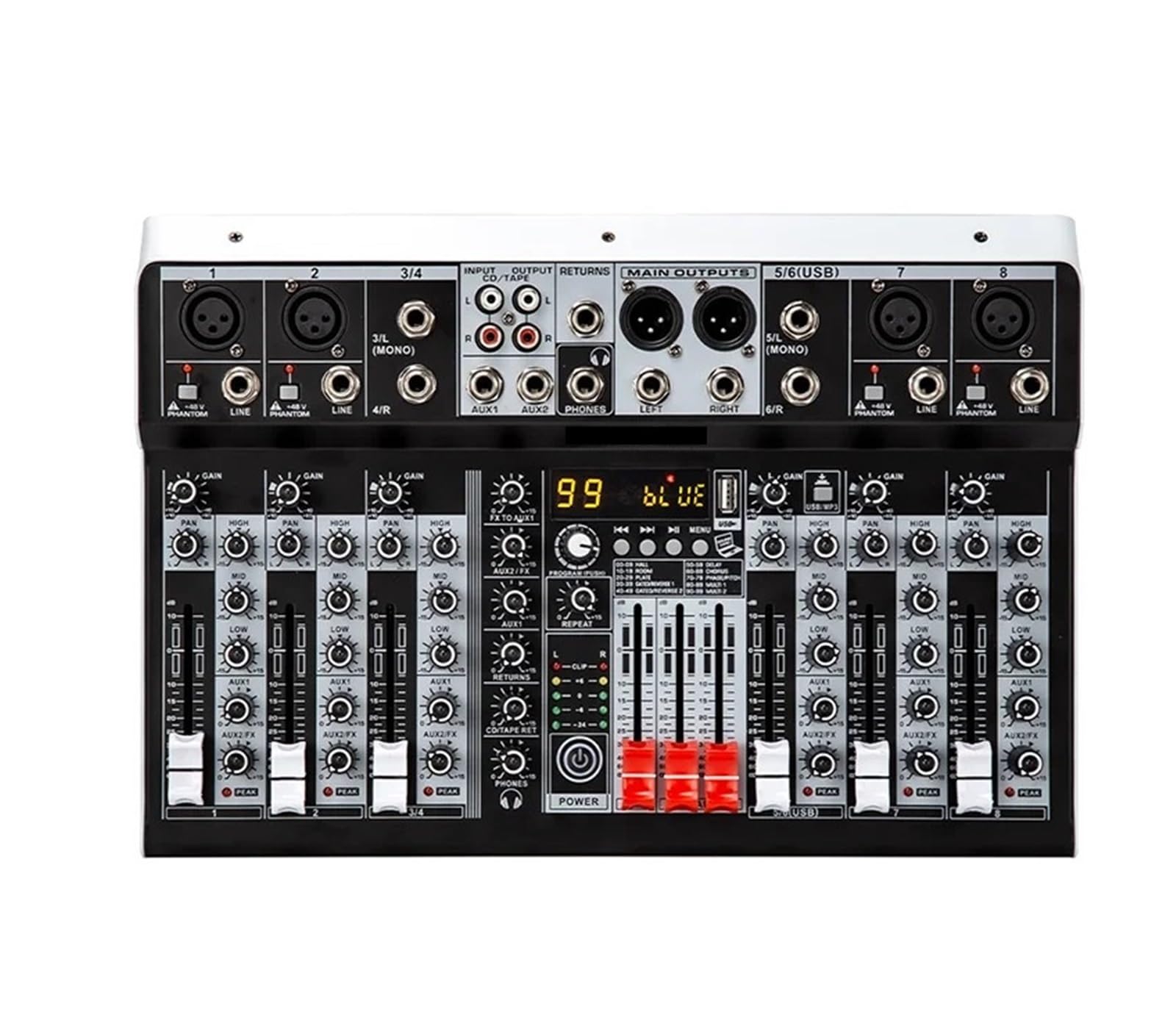 Professional 4 6 8 Channel Mixer Sound Mixing Console with USB Interface 99DSP 48V Phantom Power for Recording Streaming(8 Channel)