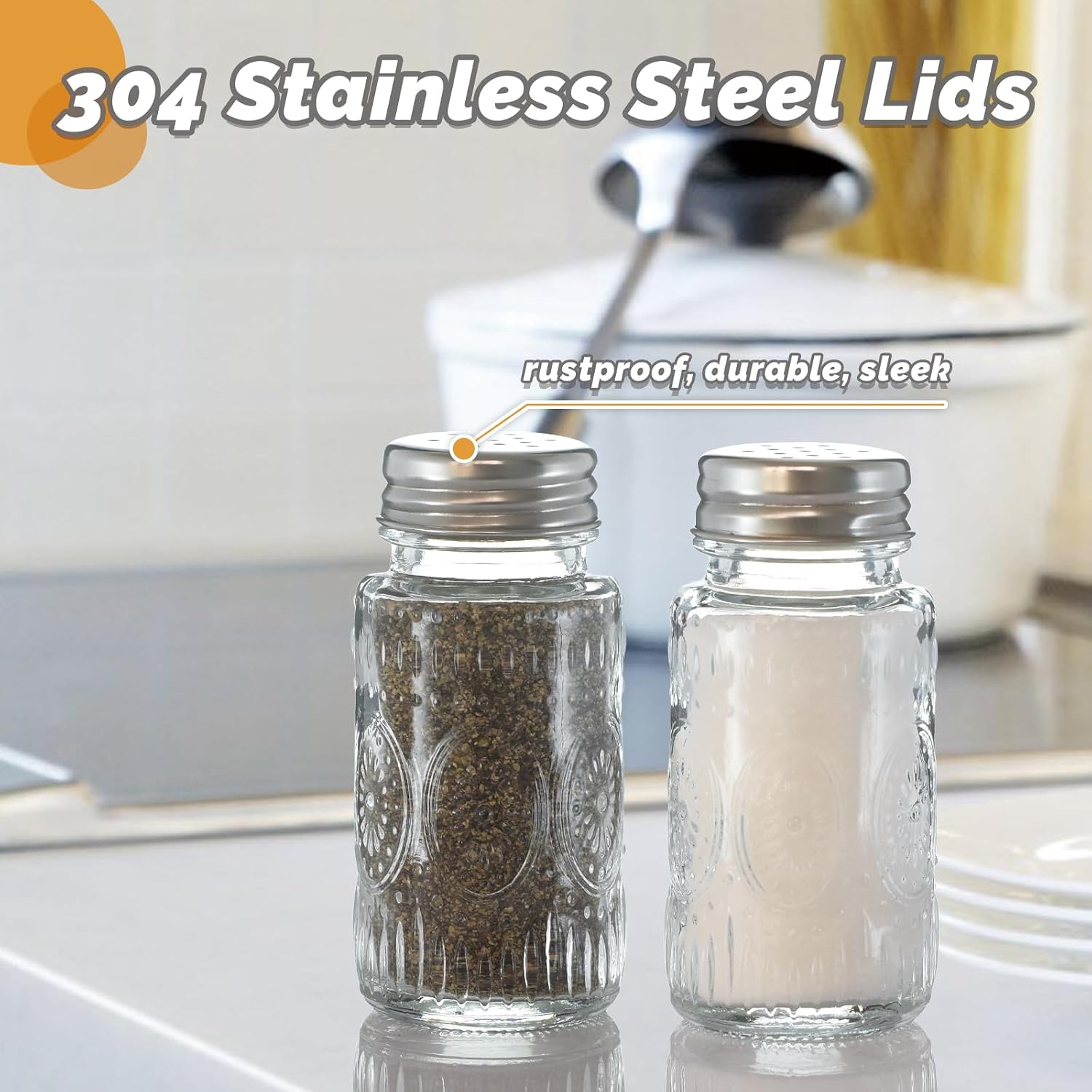 2 Pack Glass Salt and Pepper Shakers Set with 304 Stainless Steel Lid, Vintage Spice Shakers for Dining Room Table, Kitchen, Restaurant(Round-Sunflower)