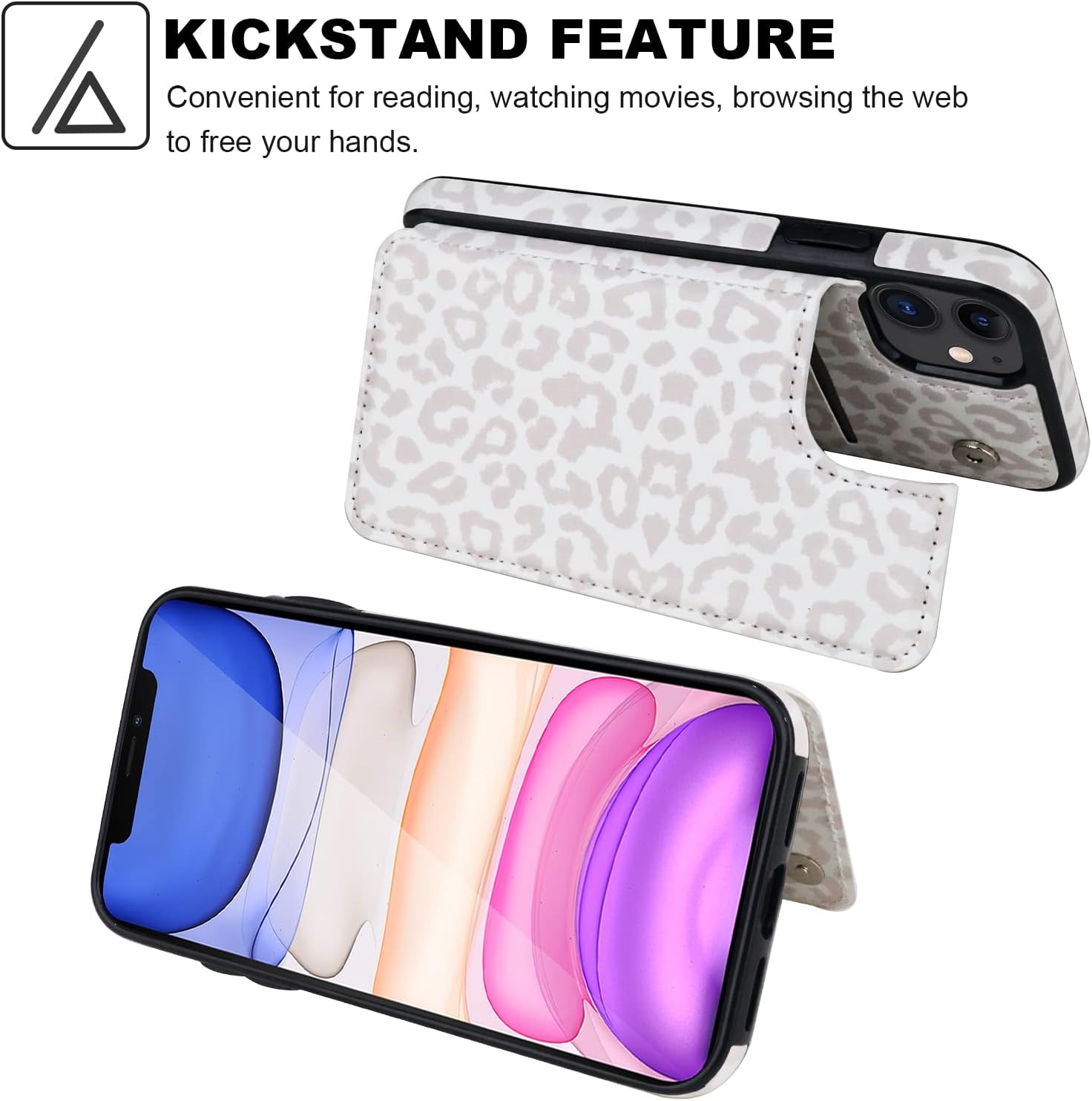 HAOPINSH for iPhone 11 Wallet Case with Card Holder, White Leopard Cheetah Pattern Back Flip Folio PU Leather Kickstand Card Slots Case for Women Girls, Double Magnetic Clasp Shockproof Cover 6.1" - Image 5