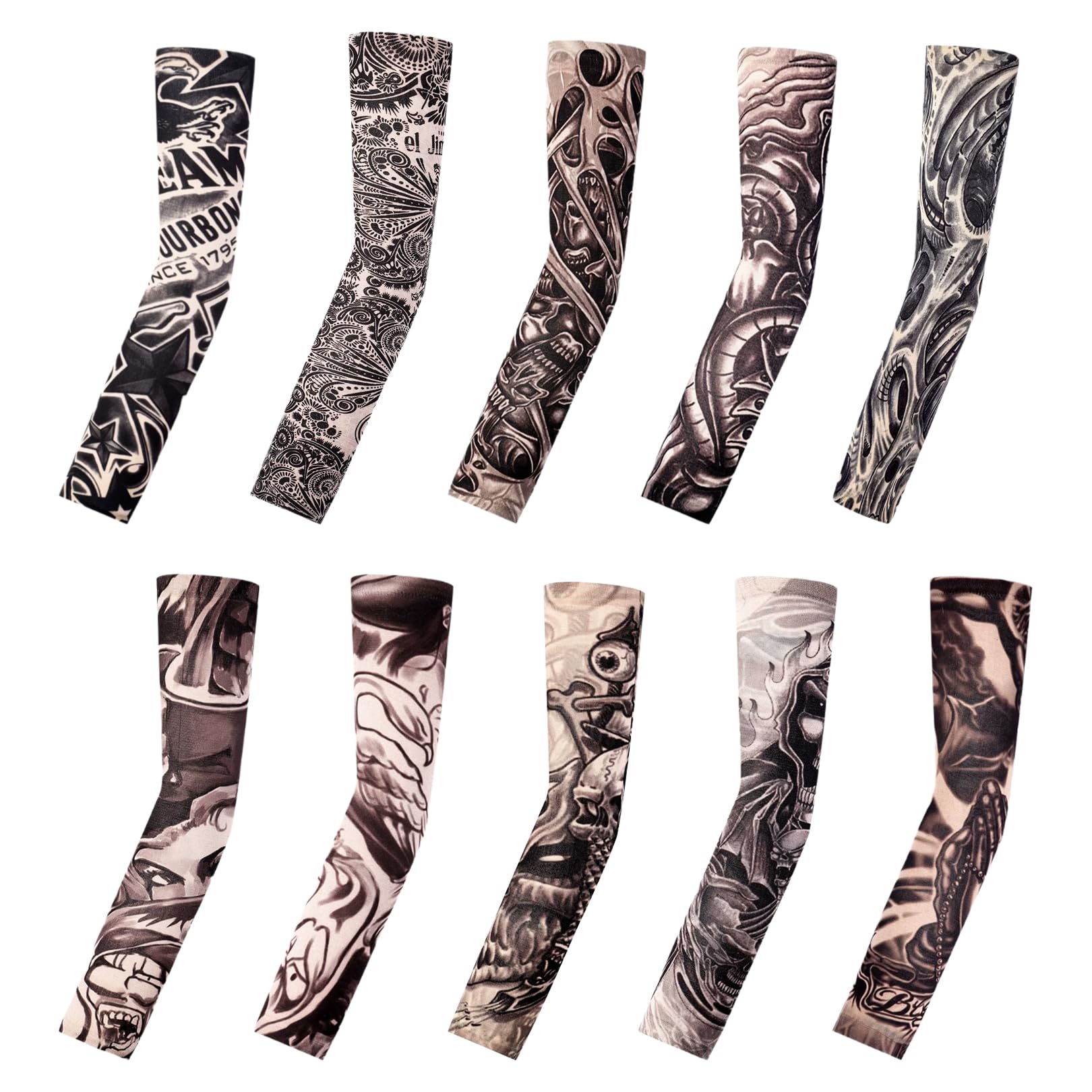 Pryon Men's Multicolor 10 Pcs Tattoo Sleeves For ,Fake Tattoos Temporary Cool Sleeve Art Arm Cover Up Hip Hop Sun Block Nylon Elastic Stockings,For Kids Adults Wo Summer Sunscreen Supplies Halloween Festivals Dress