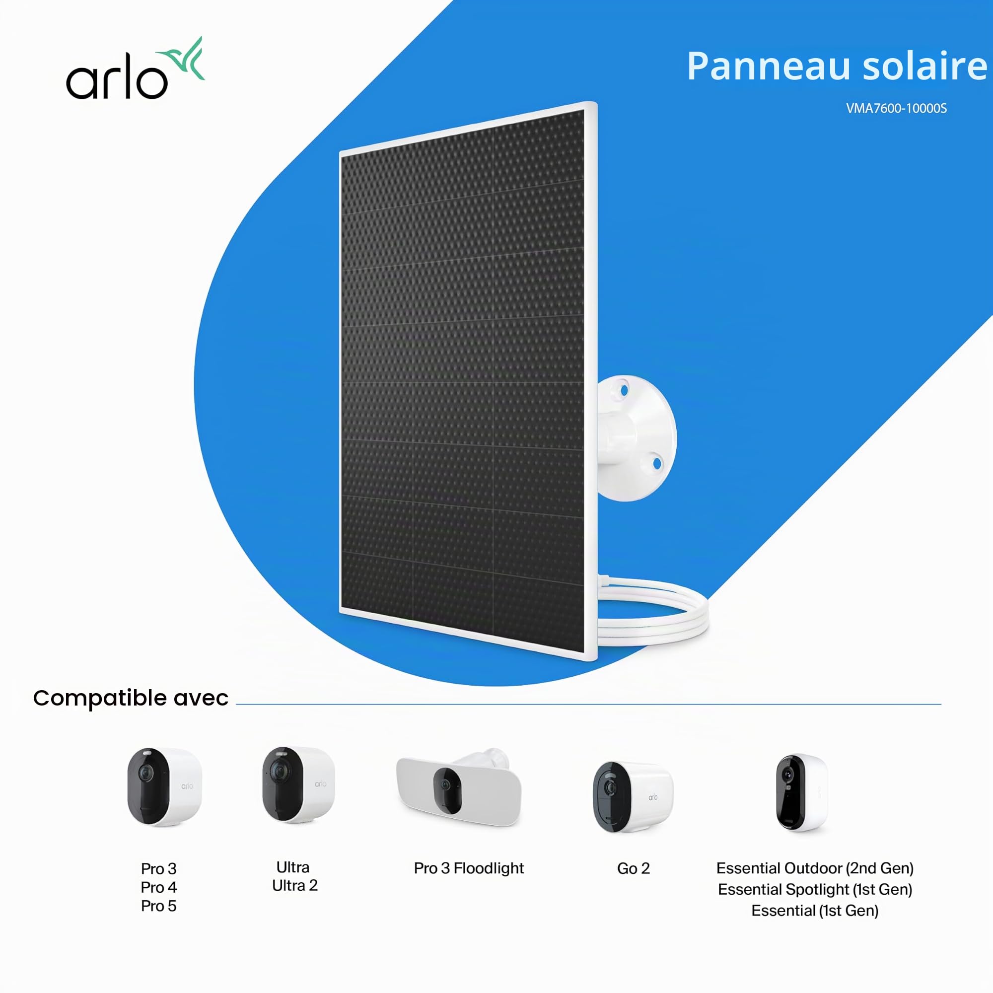 Arlo Chargeur de panneau solaire | Accessoire certifié Arlo | Résistant aux intempéries, facile à installer, blanc (sortie en 2025)