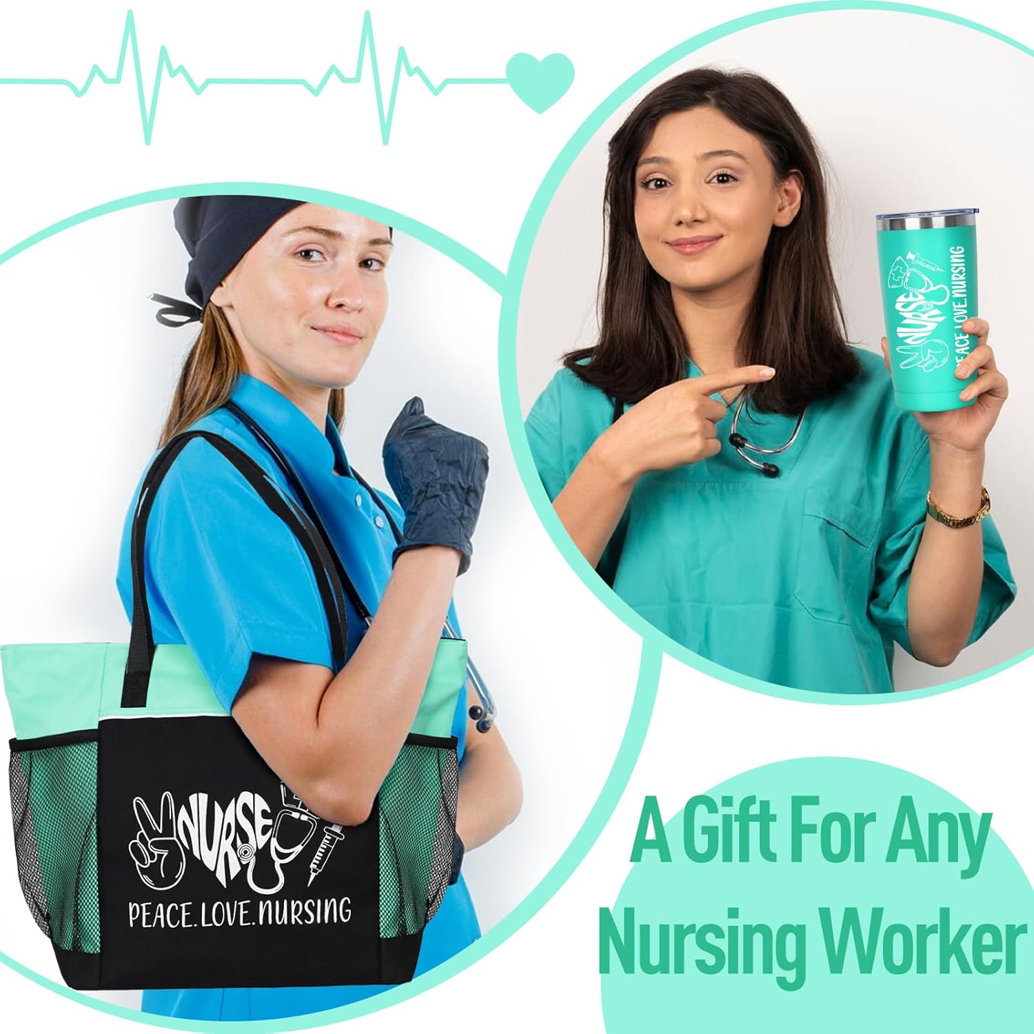 Nurse Appreciation Gift 2 Pieces - Nurses Gifts for Women Includes Zippered Tote Bag and Stainless Steel Insulated Tumbler, Christmas Nurses Accessories for Work, Nurse Bag for Work(Green) - Image 4