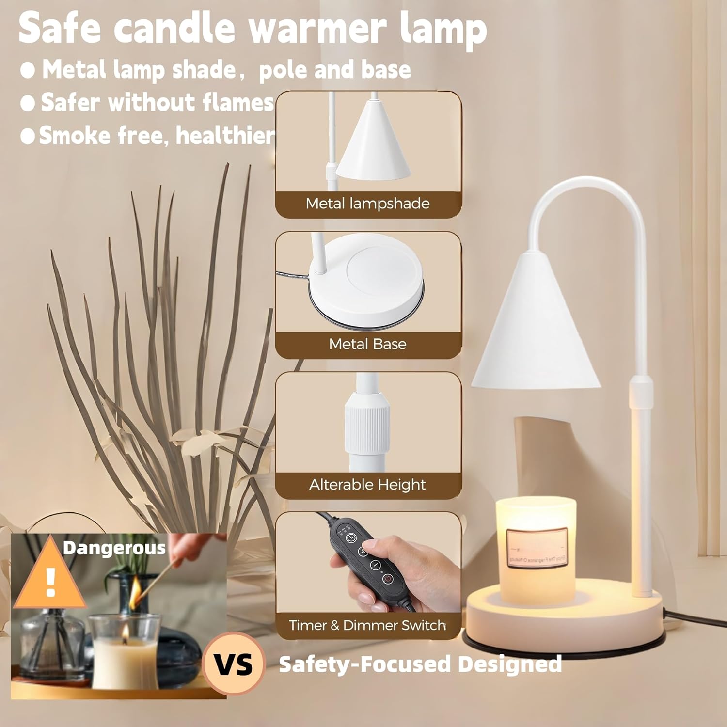 KING SHA Height Adjustable Candle Warmer Lamp with Timer and Dimmer Compatible with Universal Sizes of jar Candles,Wax melt Warmer for Mother's Day, Housewarming, Birthday Gifts,White