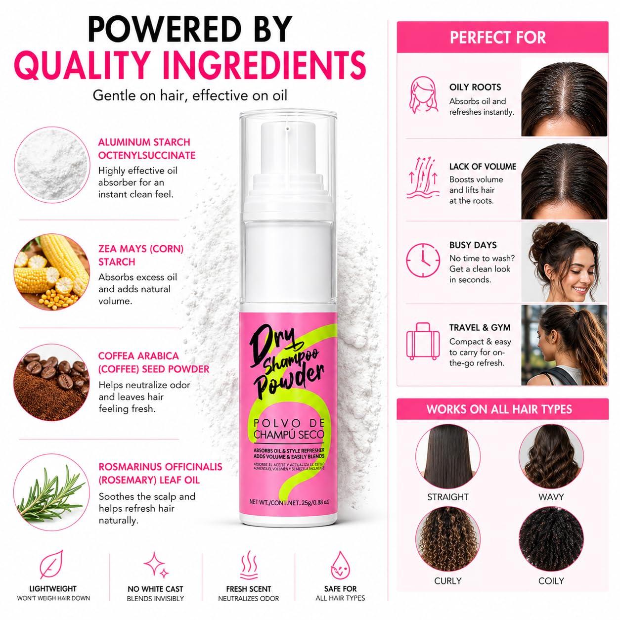 Dry Shampoo Powder for Hair Volume, Oil Absorber & Style Refresher, Talc-Free, 0.88oz Travel Size, All Hair Colors