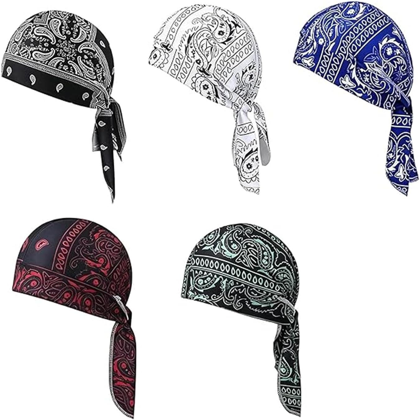 5PCS Cooling Headscarf Cap Set Bandana Beanie Motorcycle Pirate Head Wrap, Red, Navy Blue, Dark Green, White, Black