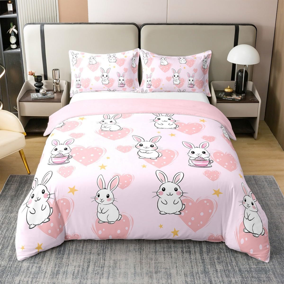 Cartoon Kaninchen 100% Baumwolle Bettbezug für Jungen Mädchen,135x200 Rosa Liebe Herz Bettwäsche Set,Bauernhof Tier Bett Sets,Nette Bunny Bettbezug mit 1 Kissenbezug für Schlafzimmer,Kein Tröster