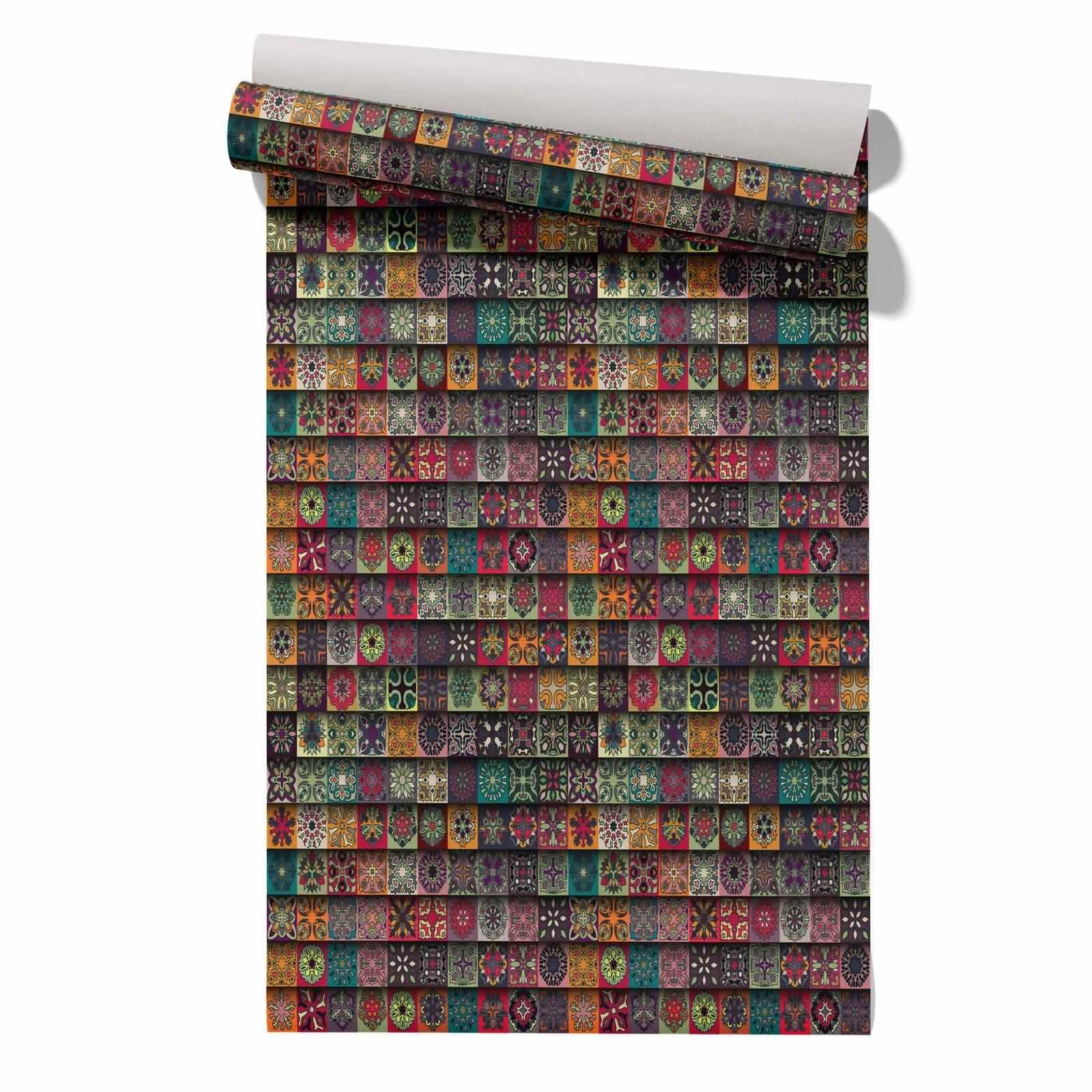 CEVAN Peel and Stick Wallpaper Tartan Large Covering Mandala Ethnic Retro Bathroom Mural Non Slip Drawer Liner Decorative Self Adhesive Covering Film 45x500cm