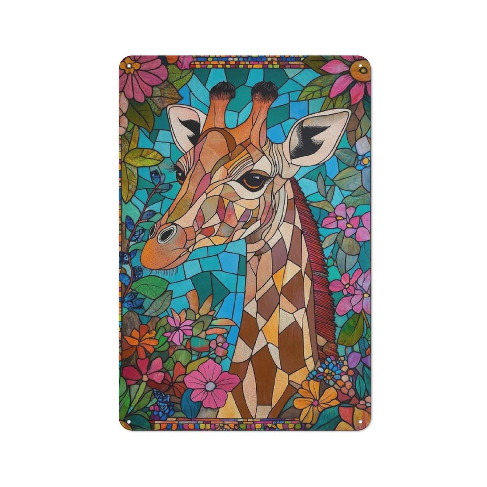 Junmoney Giraffe Mosaic Art Retro-Style Metal Plaque 30X20cm For Garage Or Workshop, For Garage, Workshop And Man Cave Decoration