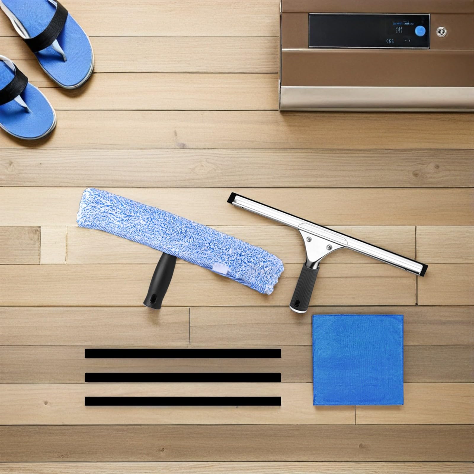 Kit Limpiador de Ventanas Multiuso Escobilla de Goma Negra, Soporte T Negro Cabezal de Microfibra Estrellado, Paño Azul 30x30 Cm y 3 Tiras de Goma 35 Cm para Hogar, Baño y Coche