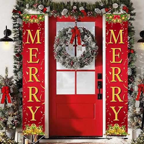 Ivenf Decoraciones de Navidad para patio al aire libre juego de letreros de puerta de color rojo dorado para el porche, decoraciones colgantes de