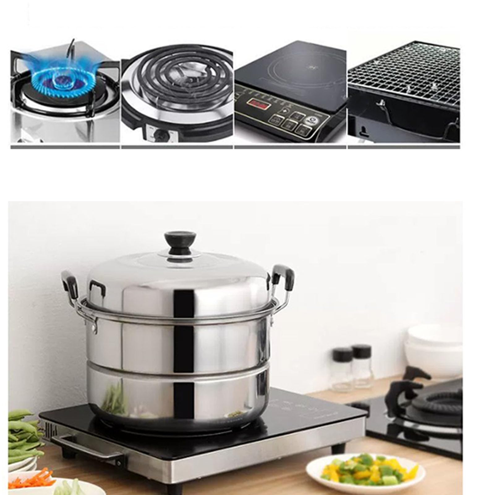Vaporera, vaporera espesa de acero inoxidable apto para uso alimentario, multiusos de tres capas, adecuada para estufas de gas y estufas eléctricas