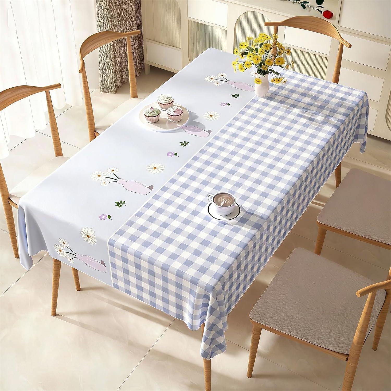 KIJyfgTR Rectangular Tablecloth With A Checked Floral Pattern Kitchen Worktop Decoration(Light Blue,140x260cm)