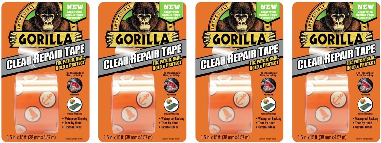 Gorilla Crystal Clear Duct Tape, 1.88" x 5 yd, Clear, (Pack of 4)