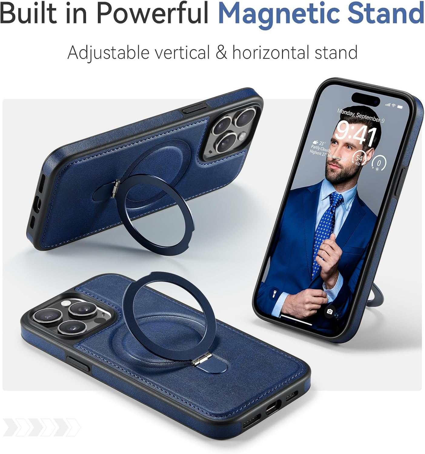 Compatible with iPhone 14 Pro Max Case with Stand, Compatible with MagSafe, Slim PU Leather & Durable TPU Protective Cover Drop-Proof with Tempered Glass Screen Protector 6.7", Blue