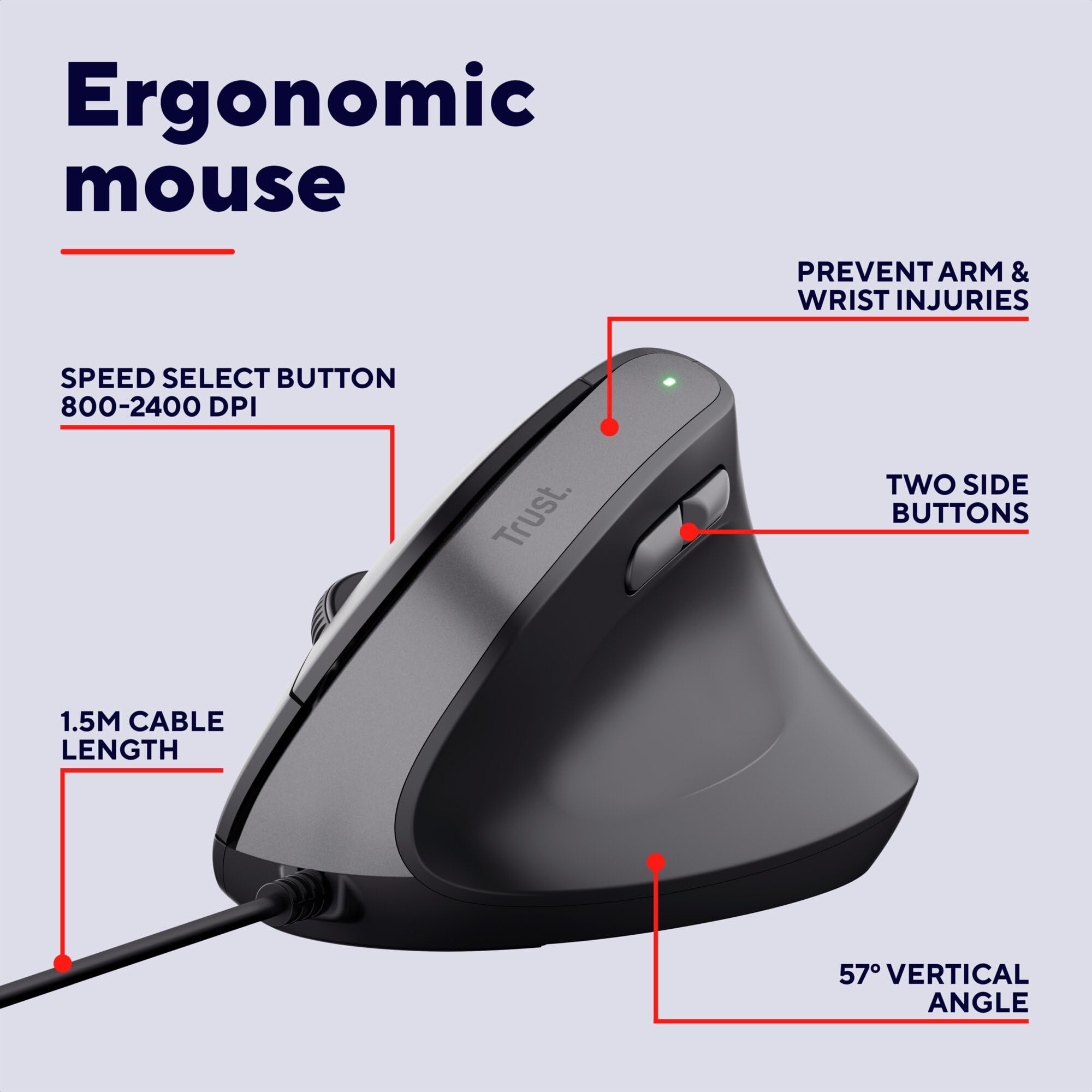 Trust Yuno ergonomiczna mysz przewodowa USB, myszka pionowa, czarna | dla osób praworęcznych, 800-2400 DPI, kabel 150 cm, sensor optyczny, 6 przycisków, 60% plastiku z recyklingu
