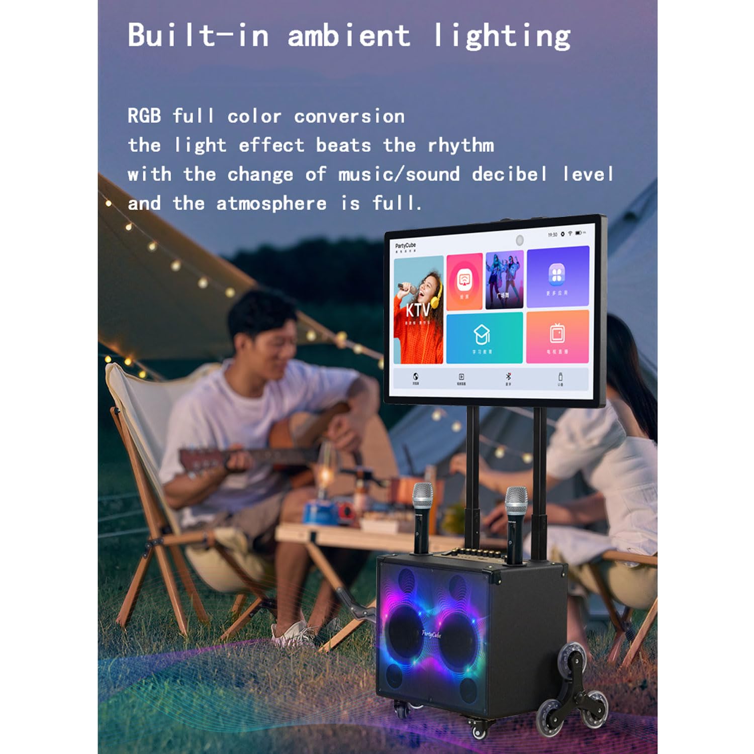 Macchina per Karaoke Portatile, Altoparlante PA Portatile Bluetooth da 32" con 2 microfoni Wireless, Schermo Touch Intelligente antiriflesso, Altoparlante LED a Colori
