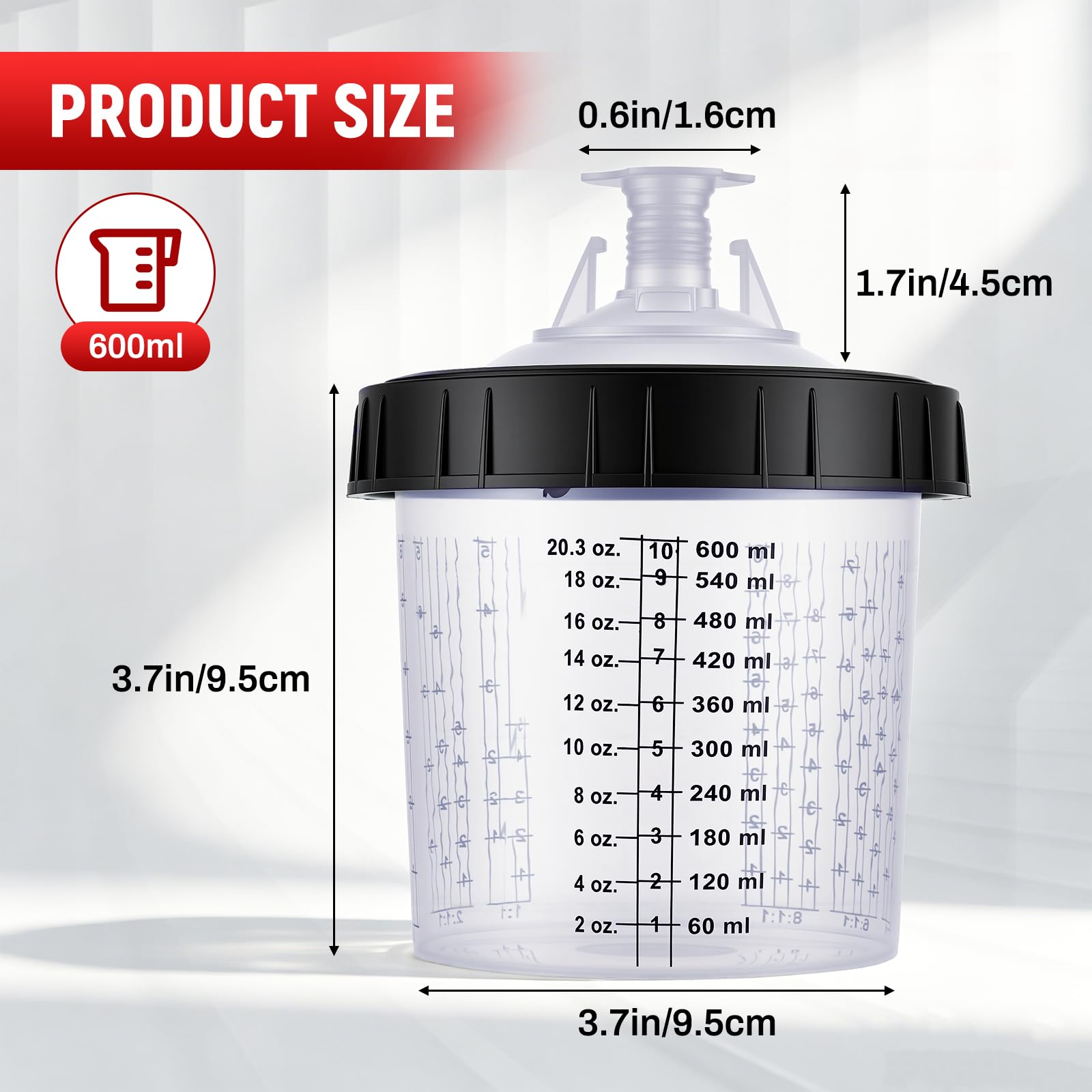 50x 600ml Einweg-Becher für Farbsprühpistole, Farbmischbecher mit 125μm Filterdeckel & 2 Adaptern, 20 Verschlussstopfen, 1 Hartbecher, Rührstab – für Lackierbedarf, Grundierung, Klarlack