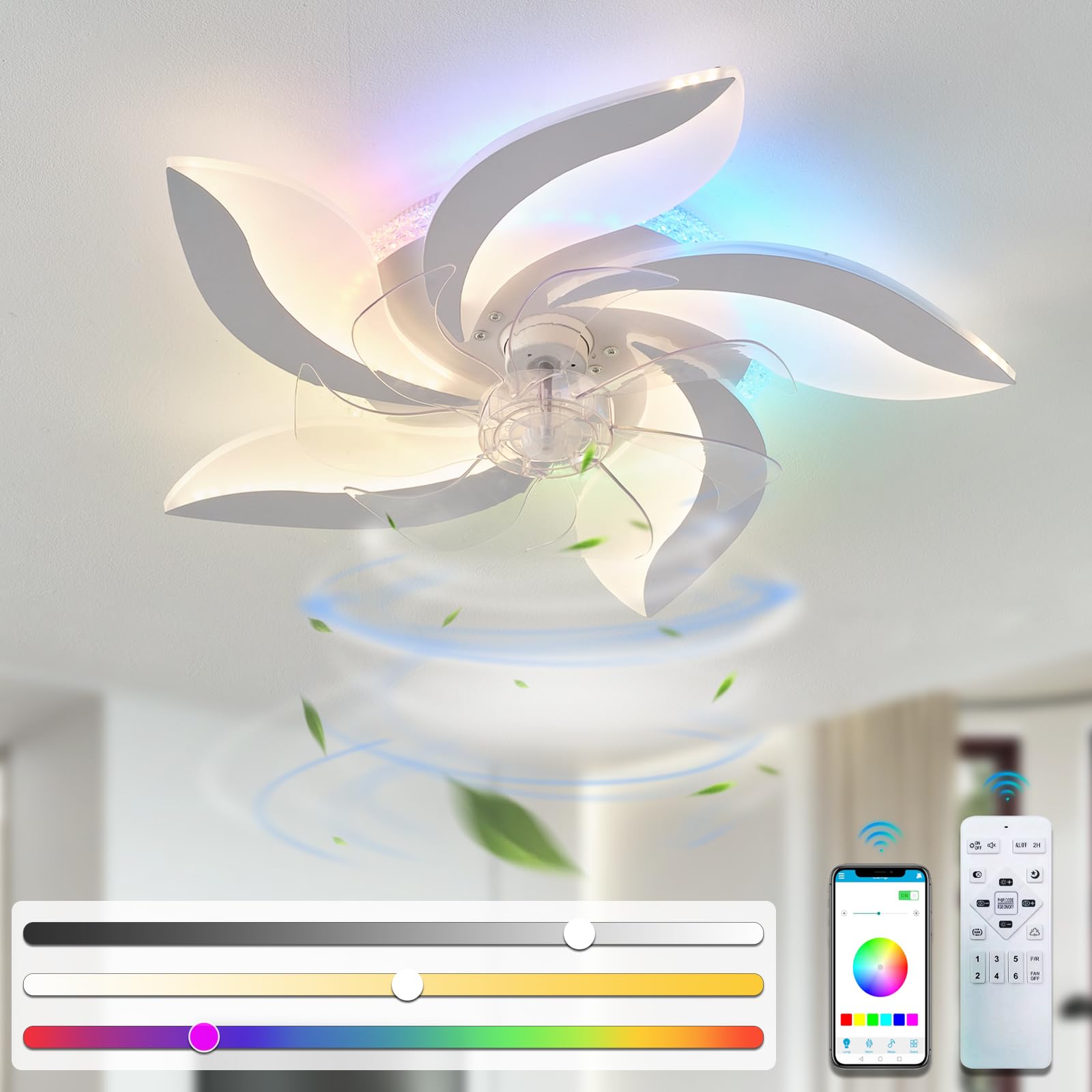 HXYSXHJUO Quiet Dimmable RGB Ceiling Fan with Remote Control - 6-Speed Reversible Modern Chlier Light LED Floral Design for Living Room & Bedroom 27.2-inch (Φ 69cm)