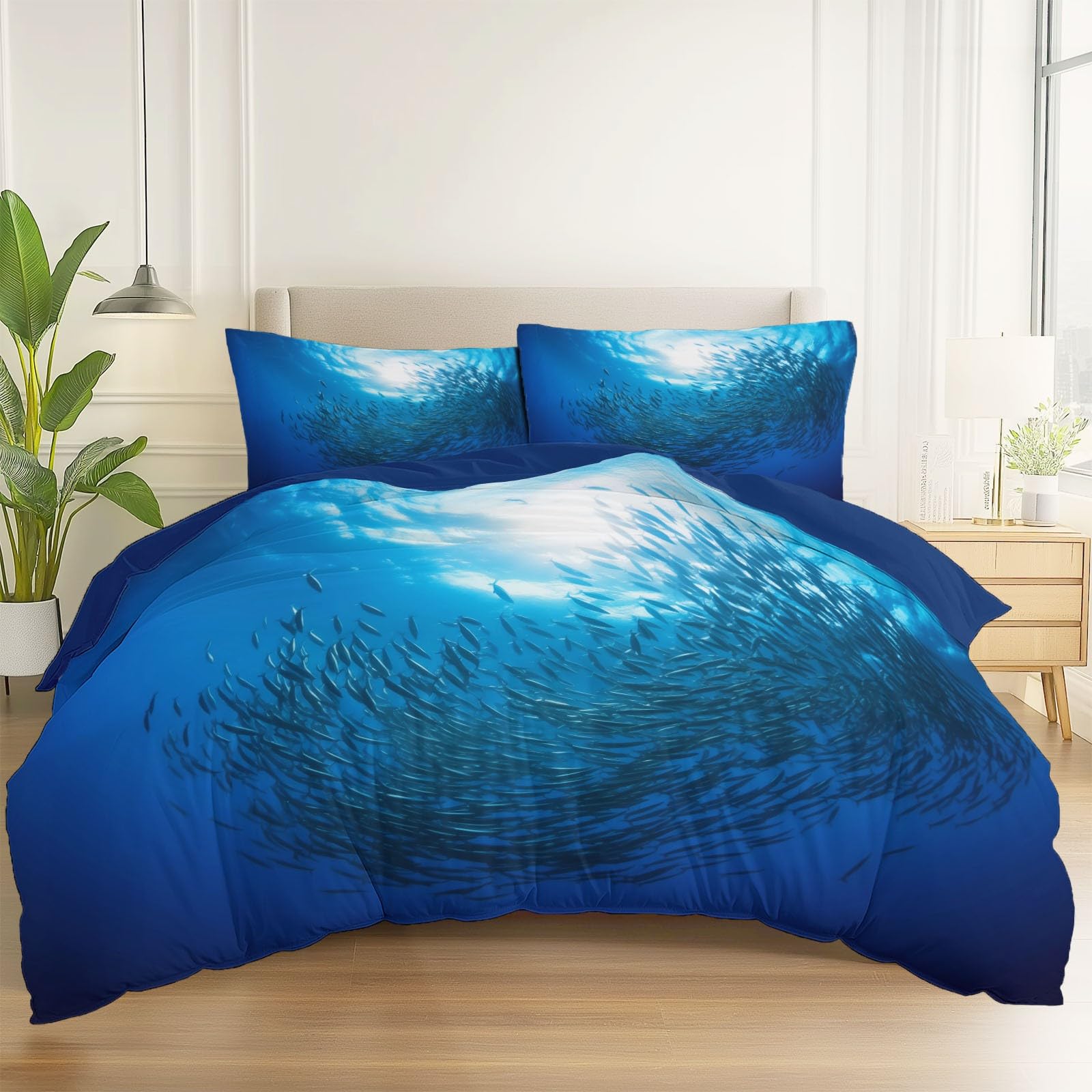 Zestaw pościeli pod morzem (ryba), miękki zestaw pościeli ze szczotkowanej mikrofibry poszewka na kołdrę z poszewkami na poduszki 230 x 220 cm, prezenty dla mamy, dekoracja sypialni, granatowy