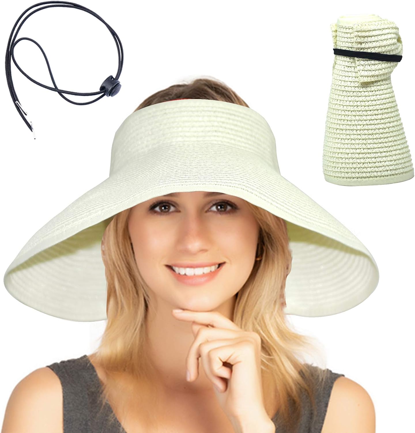 Women Sun Visors Foldable Straw Hats Summer Beach Packable Hat Floppy Wide Brim Cap Deep Style, Adjustable Size