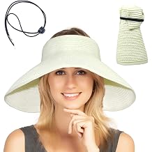 Women Sun Visors Foldable Straw Hats Summer Beach Packable Hat Floppy Wide Brim Cap Deep Style, Adjustable Size