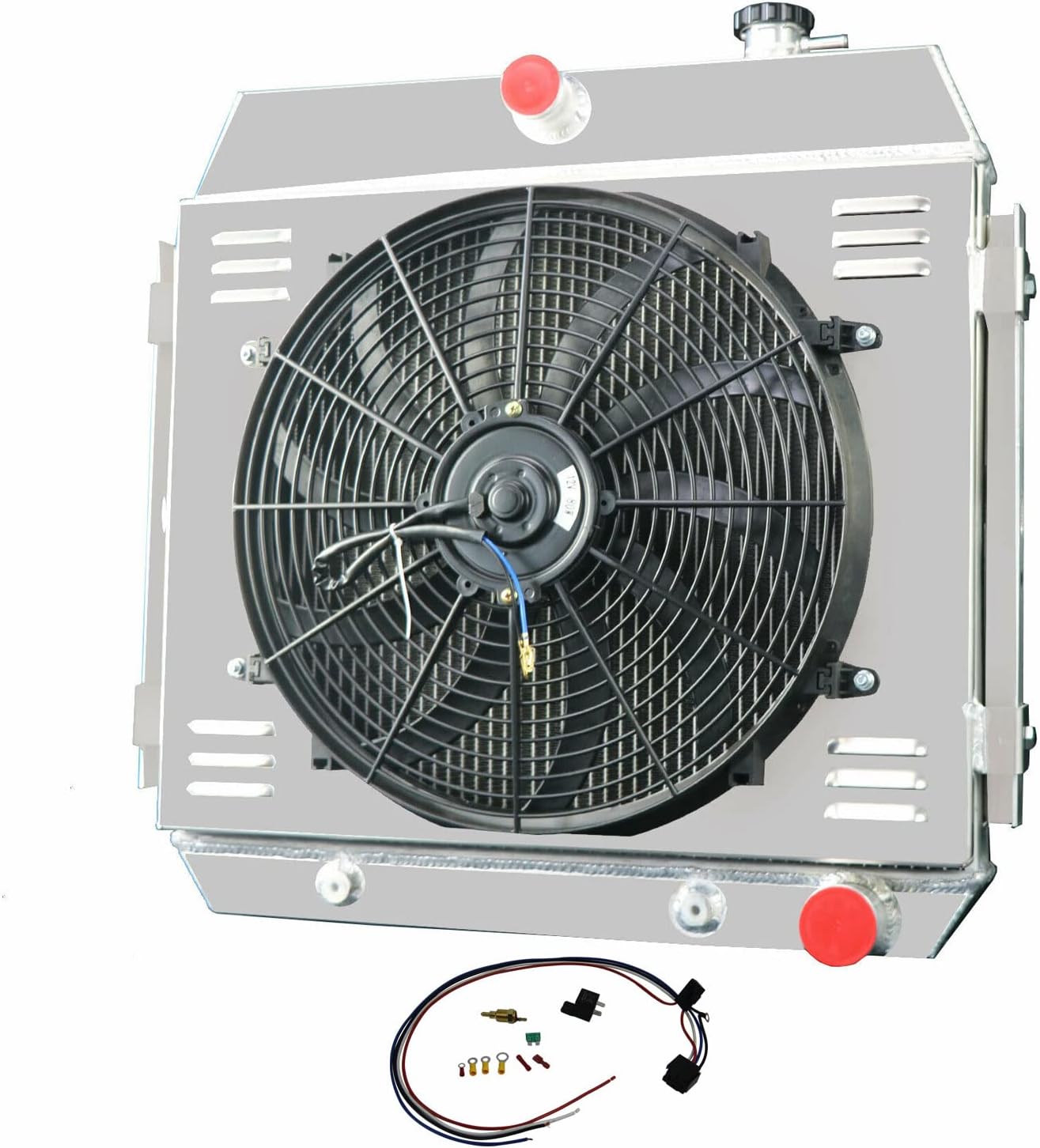 4 Row Aluminum Radiator For 1955 1956 1957 Chevy Bel Air/Nomad V8 MT/MT One-Fifty Two-Ten Series Del Ray 55 56 57 Radiators 3.8L L6 4.3L with Shroud Fan+Relay KIT