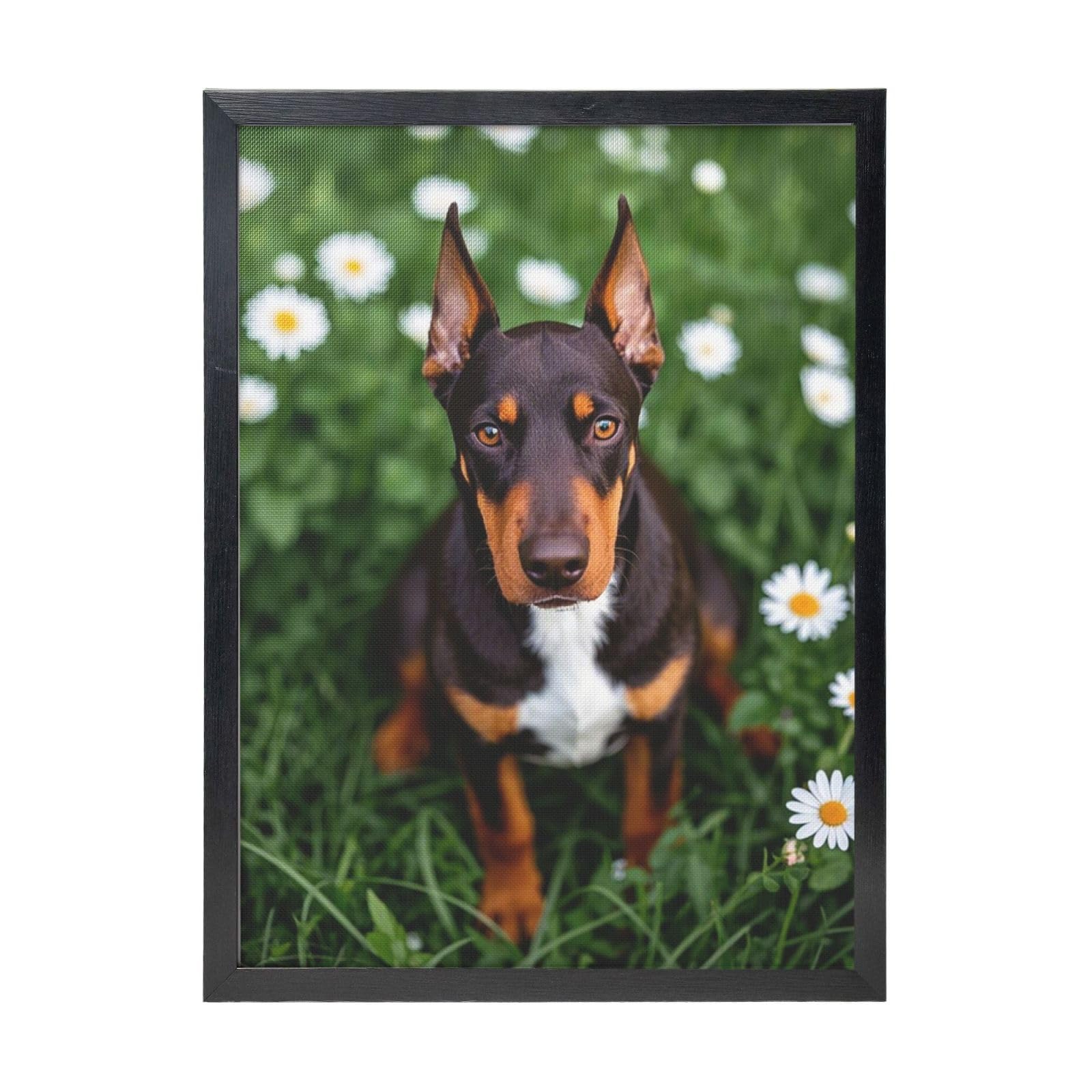 Framed Wall Art - Decorative Canvas Painting Cute Pet Doberman Pinscher Pictures Poster Aesthetic Modern Prints Artwork for Bedroom Office Wall Decor Ready To Hang 12x16 in