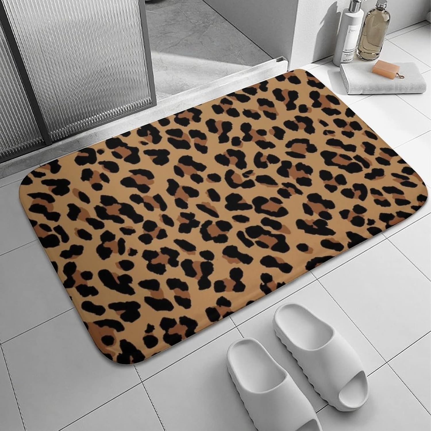 TESIQIMT Rustic Bathroom Rug,Black Brown Leopard Print for