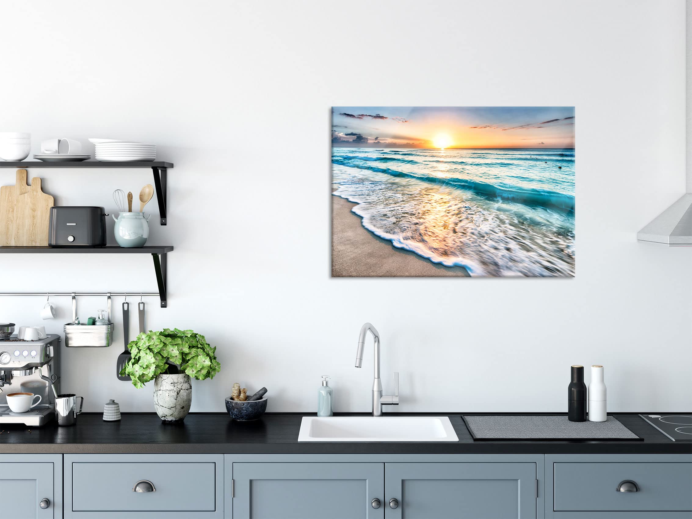 Pixxprint Glasbild, Wandbild aus Echtglas, Meer bei Sonnenuntergang, 80x60 cm, inkl. Aufhängung und Abstandshalter