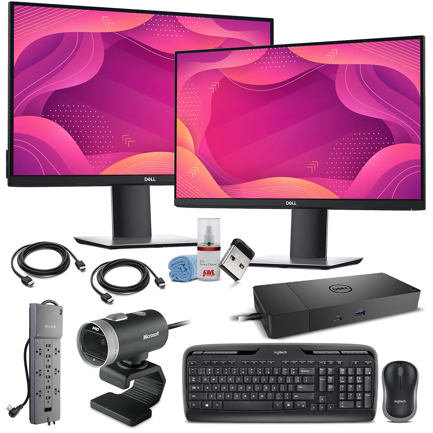 2 x Dell P2419HC 23.8" 16:9 IPS Monitor (P2419HCE) + WD19S USB Type-C Dock (180W) + LifeCam Cinema W