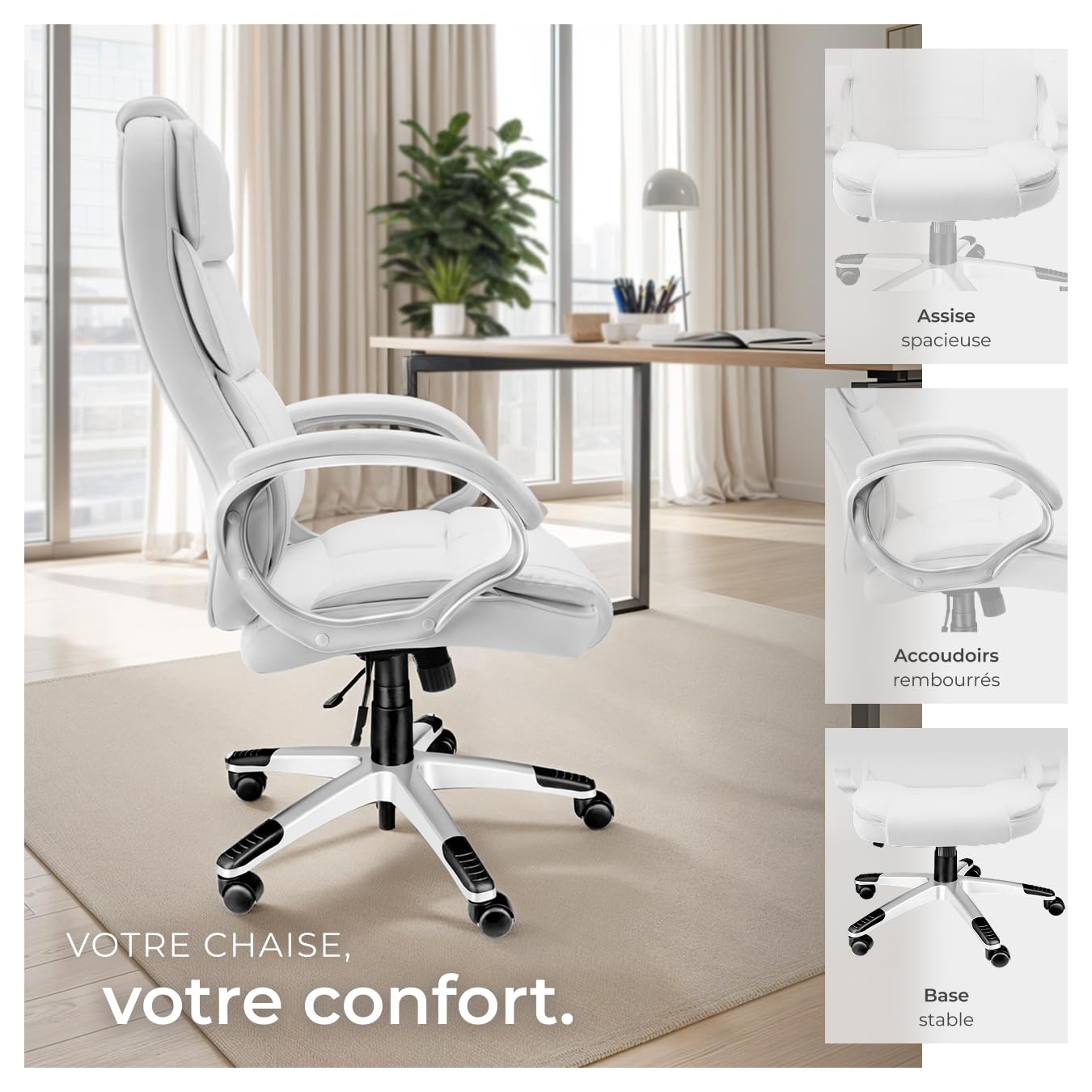 tectake® Chaise de Bureau Chaise Gaming Fauteuil de Bureau Fauteuil pivotant Design, Siege Ergonomique avec Accoudoirs, Appui-tête rembourré, Roulette Teletravail - Blanc